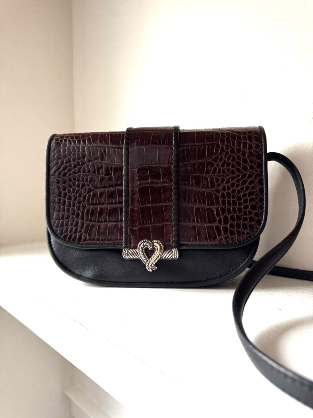 One World by Brighton Black and Dark Brown Croc-Texture Crossbody Bag